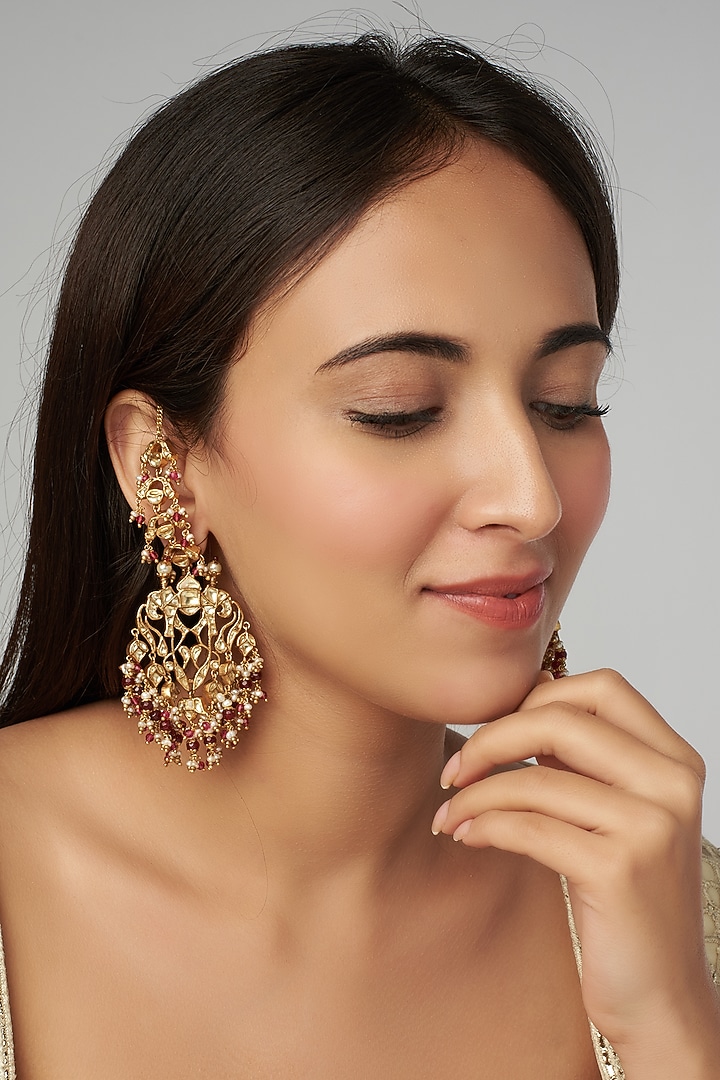 Gold Finish Kundan Polki Dangler Earrings by Raabta By Rahul at Pernia's Pop Up Shop