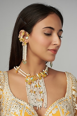 Gold Finish Pearl Necklace Set by Raabta By Rahul