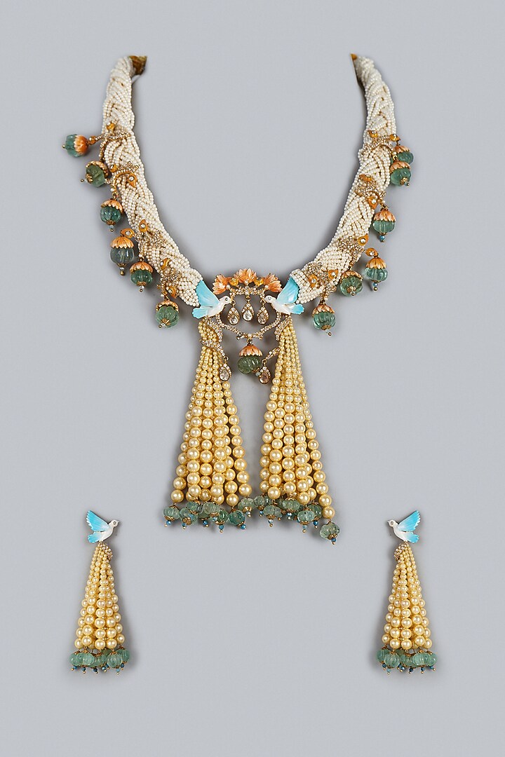 Gold Finish Kundan Polki Meenakari Necklace Set by Raabta By Rahul at Pernia's Pop Up Shop