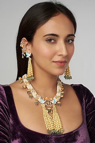 Gold Finish Kundan Polki Meenakari Necklace Set by Raabta By Rahul