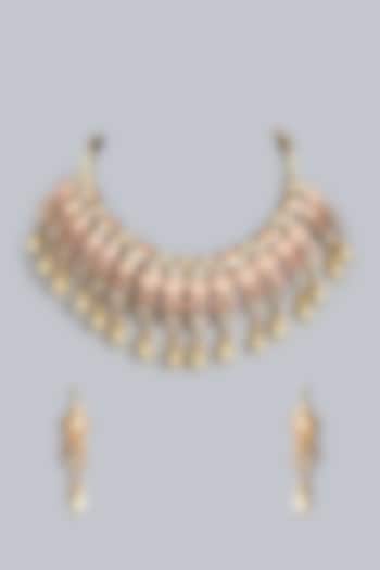 Gold Finish Peach Kundan Polki & Pearl Necklace Set by Raabta By Rahul
