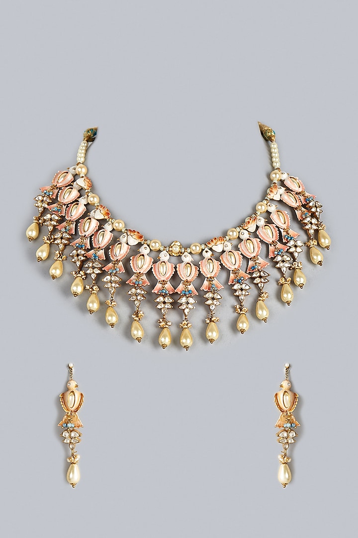 Gold Finish Peach Kundan Polki & Pearl Necklace Set by Raabta By Rahul