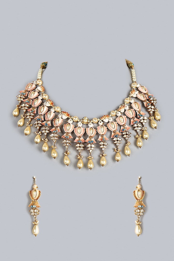 Gold Finish Peach Kundan Polki & Pearl Necklace Set by Raabta By Rahul at Pernia's Pop Up Shop