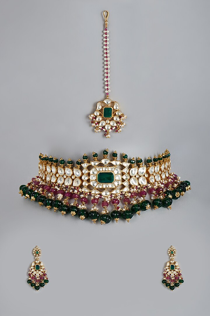 Gold Finish Ruby Choker Necklace Set by Raabta By Rahul at Pernia's Pop Up Shop