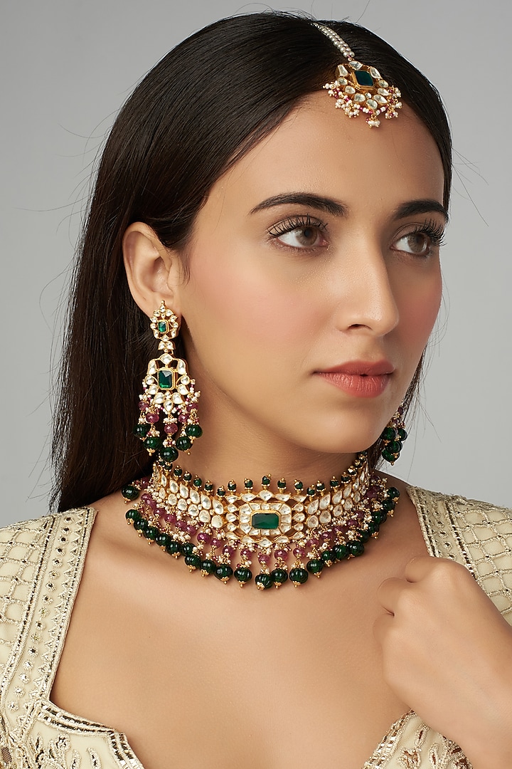 Gold Finish Ruby Choker Necklace Set by Raabta By Rahul