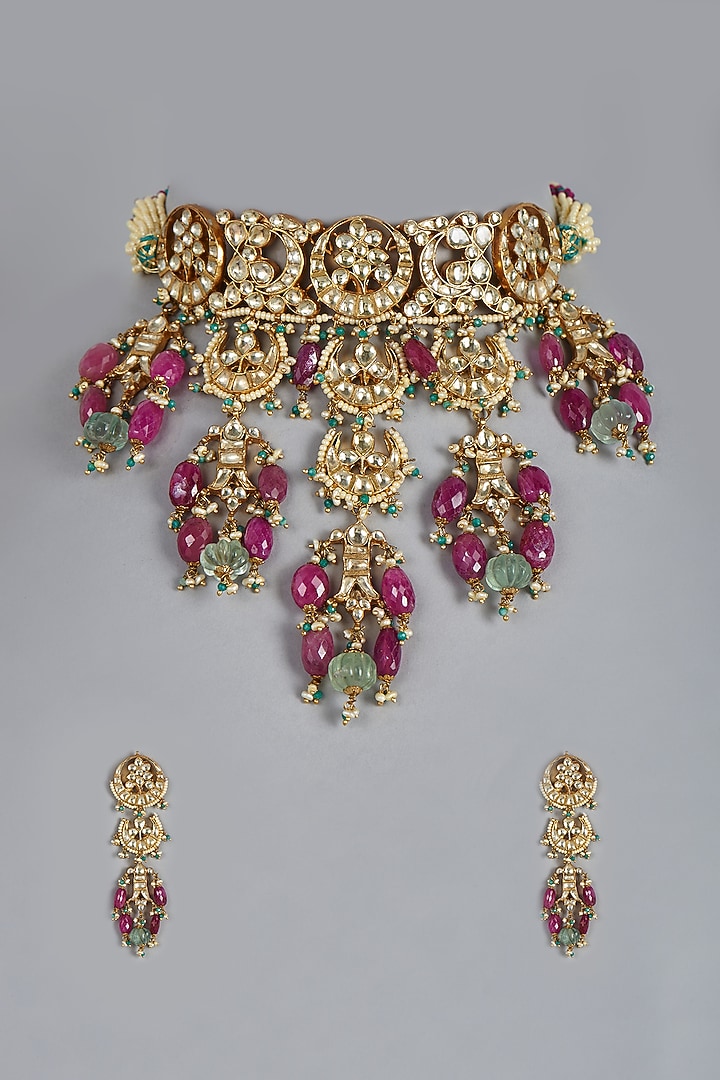 Gold Finish Kundan Polki Choker Necklace Set by Raabta By Rahul at Pernia's Pop Up Shop