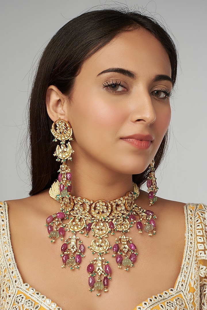 Gold Finish Kundan Polki Choker Necklace Set by Raabta By Rahul