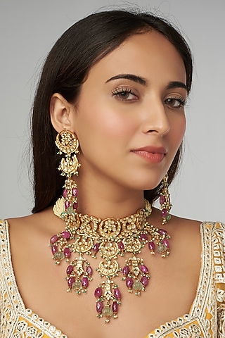 Gold Finish Kundan Polki Choker Necklace Set by Raabta By Rahul