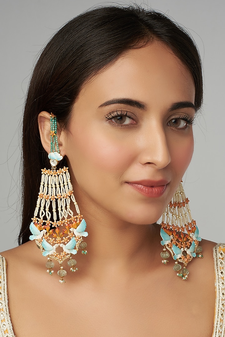 Gold Finish Meenakari Pearl Earrings by Raabta By Rahul at Pernia's Pop Up Shop