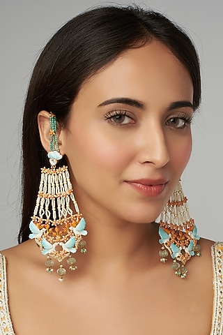 Gold Finish Meenakari Pearl Earrings by Raabta By Rahul