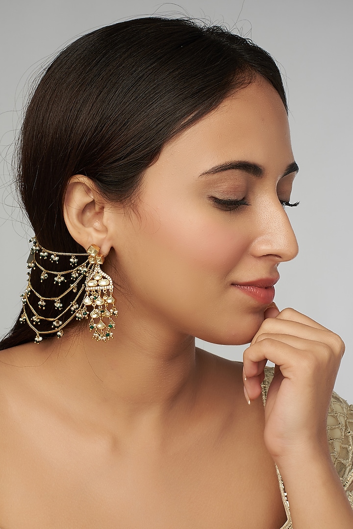 Gold Finish Kundan Polki Earrings With Shennai Clips by Raabta By Rahul