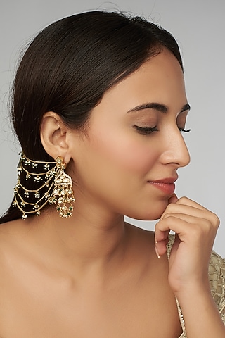 Gold Finish Kundan Polki Earrings With Shennai Clips by Raabta By Rahul