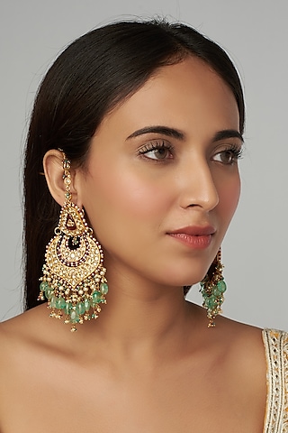 Gold Finish Green Stone Chandbali Earrings by Raabta By Rahul