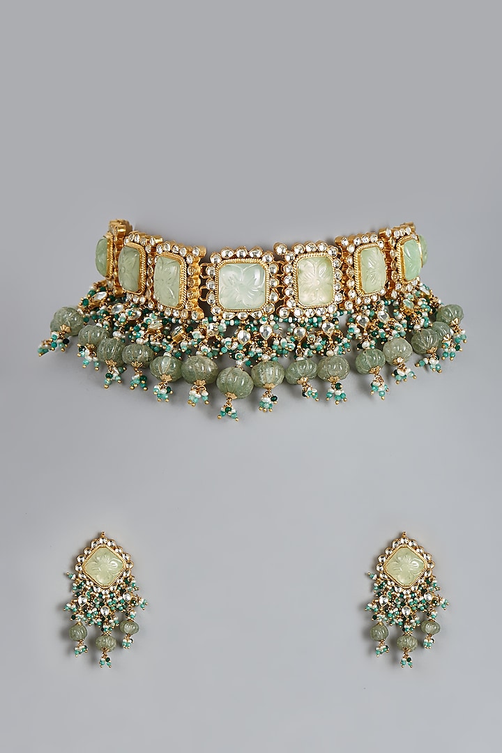 Gold Finish Russian Emeralds Choker Necklace Set by Raabta By Rahul