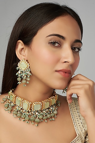 Gold Finish Russian Emeralds Choker Necklace Set by Raabta By Rahul