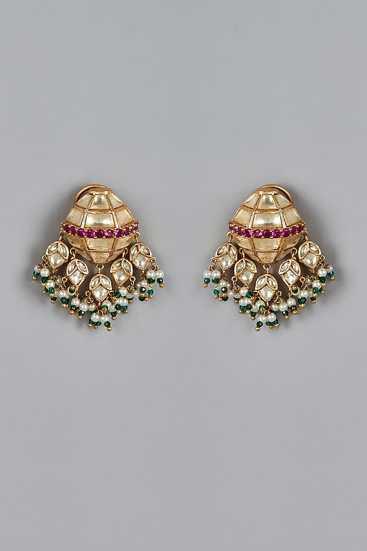Gold Finish Kundan Polki & Ruby Synthetic Dangler Earrings by Raabta By Rahul