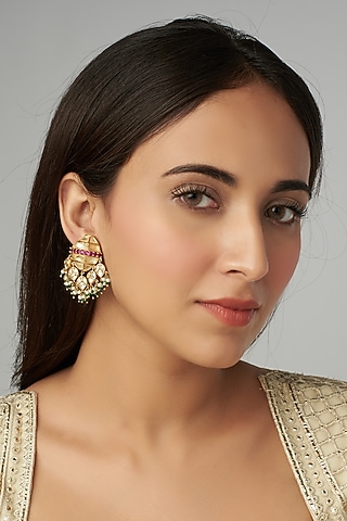 Gold Finish Kundan Polki & Ruby Synthetic Dangler Earrings by Raabta By Rahul