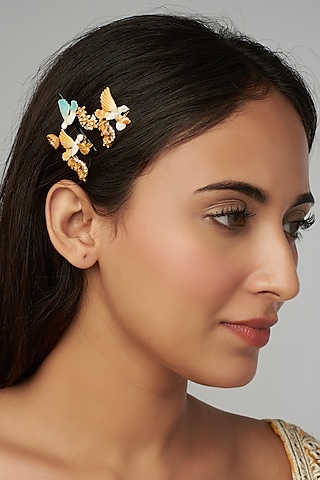 Gold Finish Meenakari Hairpins (Set Of 3) by Raabta By Rahul
