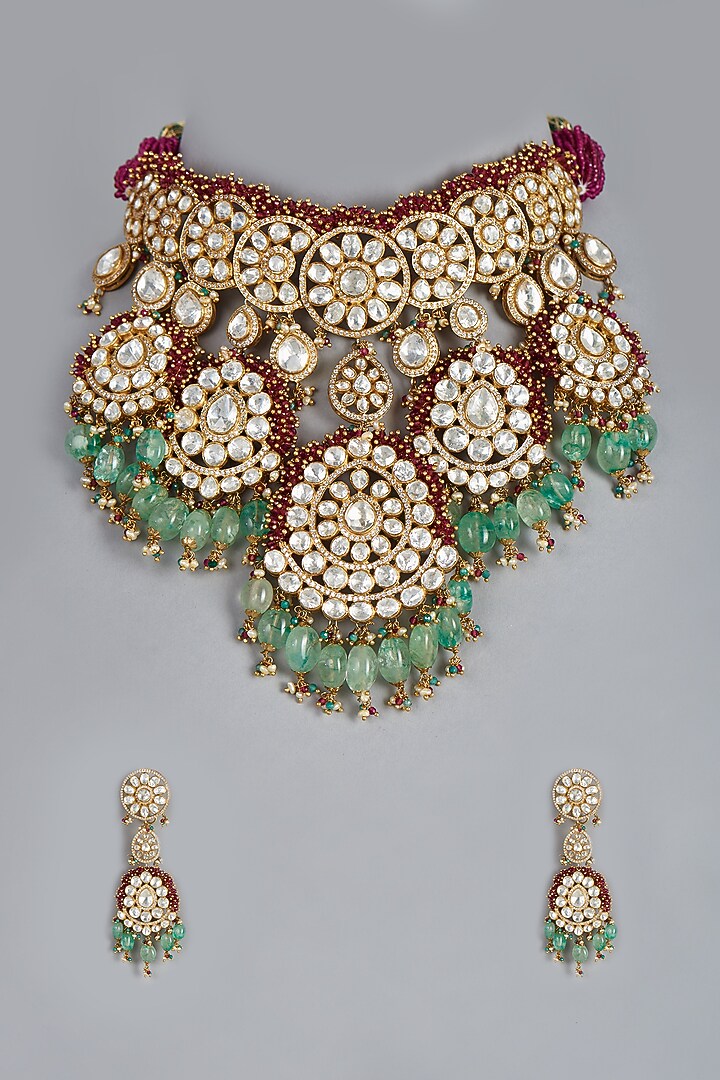 Gold Finish Synthetic Stones Bridal Necklace Set by Raabta By Rahul at Pernia's Pop Up Shop