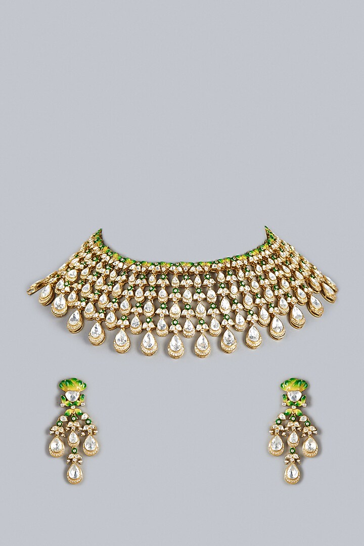 Gold Finish White Kundan Polki Meenakari Jaal Necklace Set by Raabta By Rahul at Pernia's Pop Up Shop