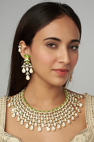 Gold Finish White Kundan Polki Meenakari Jaal Necklace Set by Raabta By Rahul