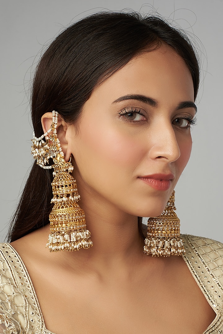 Gold Finish Kundan Polki Jhumka Earrings by Raabta By Rahul