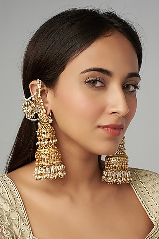 Gold Finish Kundan Polki Jhumka Earrings by Raabta By Rahul