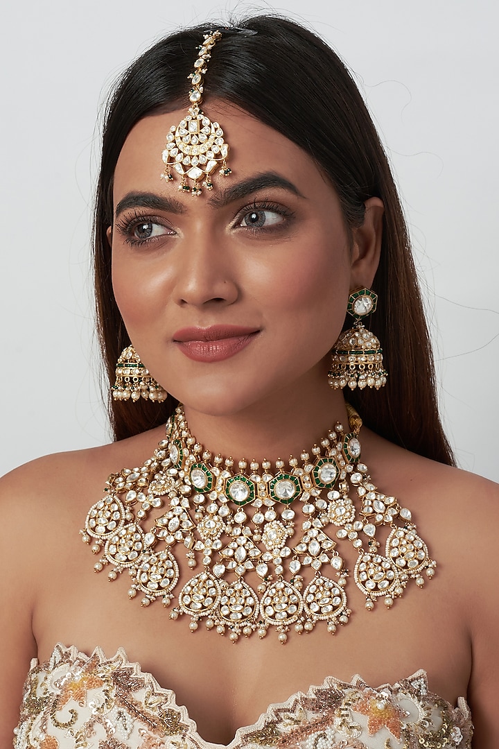 Gold Finish Kundan Polki & Green Stones Necklace Set by Raabta By Rahul at Pernia's Pop Up Shop