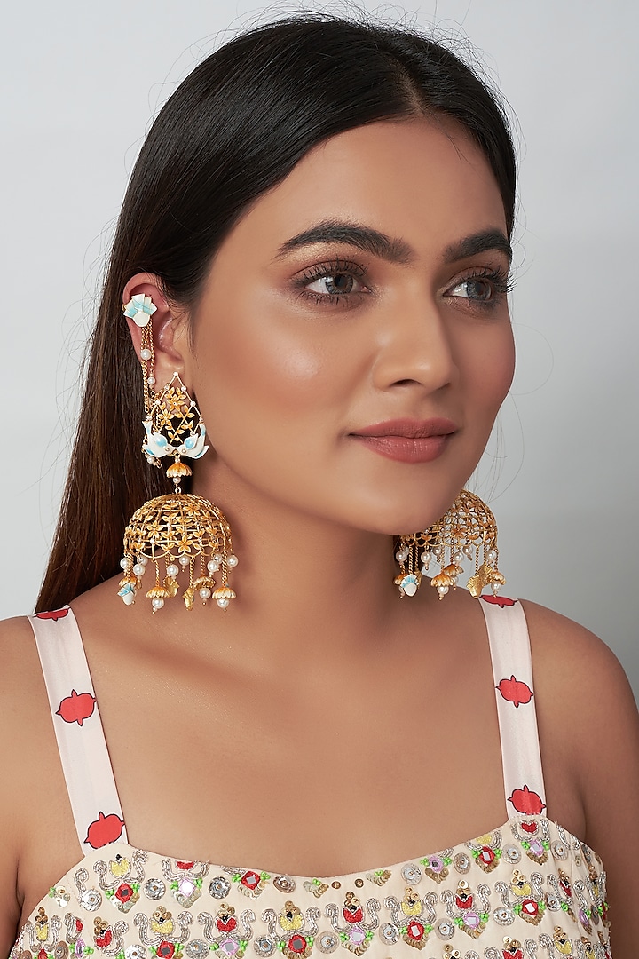 Gold Finish Meenakari Jhumka Earrings by Raabta By Rahul at Pernia's Pop Up Shop