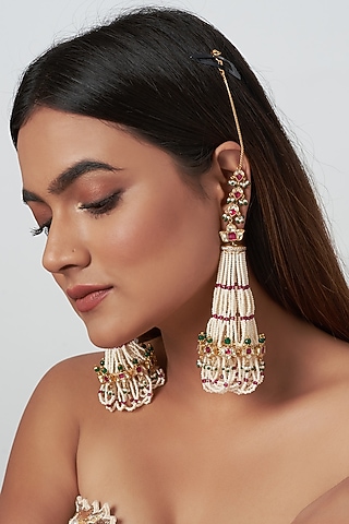 Gold Finish Ruby Synthetic Stone jhoomar Earrings by Raabta By Rahul