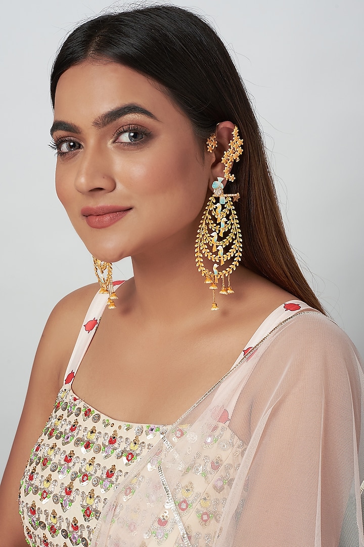 Gold Finish Meenakari Earrings With Ear Cuffs by Raabta By Rahul at Pernia's Pop Up Shop