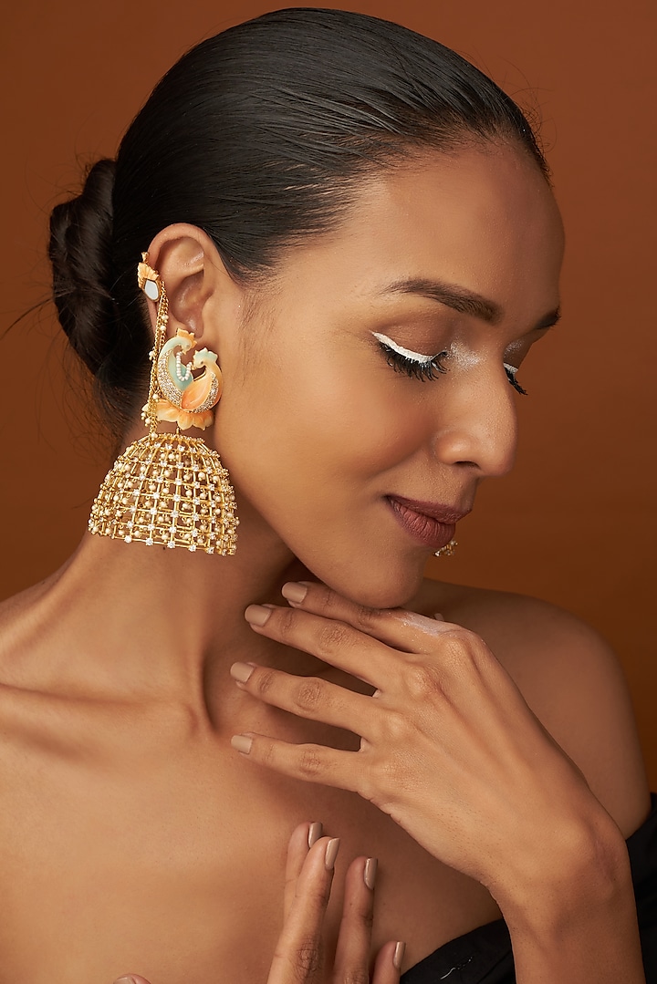 Gold Finish Meenakari Jhumka Earrings With Ear-Cuffs by Raabta By Rahul