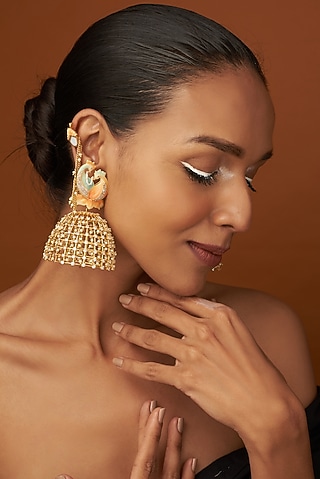 Gold Finish Meenakari Jhumka Earrings With Ear-Cuffs by Raabta By Rahul
