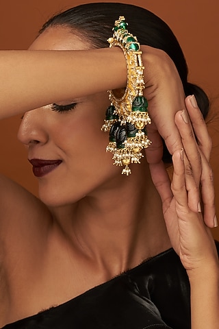 Gold Finish Peacock Bangle With Green Meenakari by Raabta By Rahul