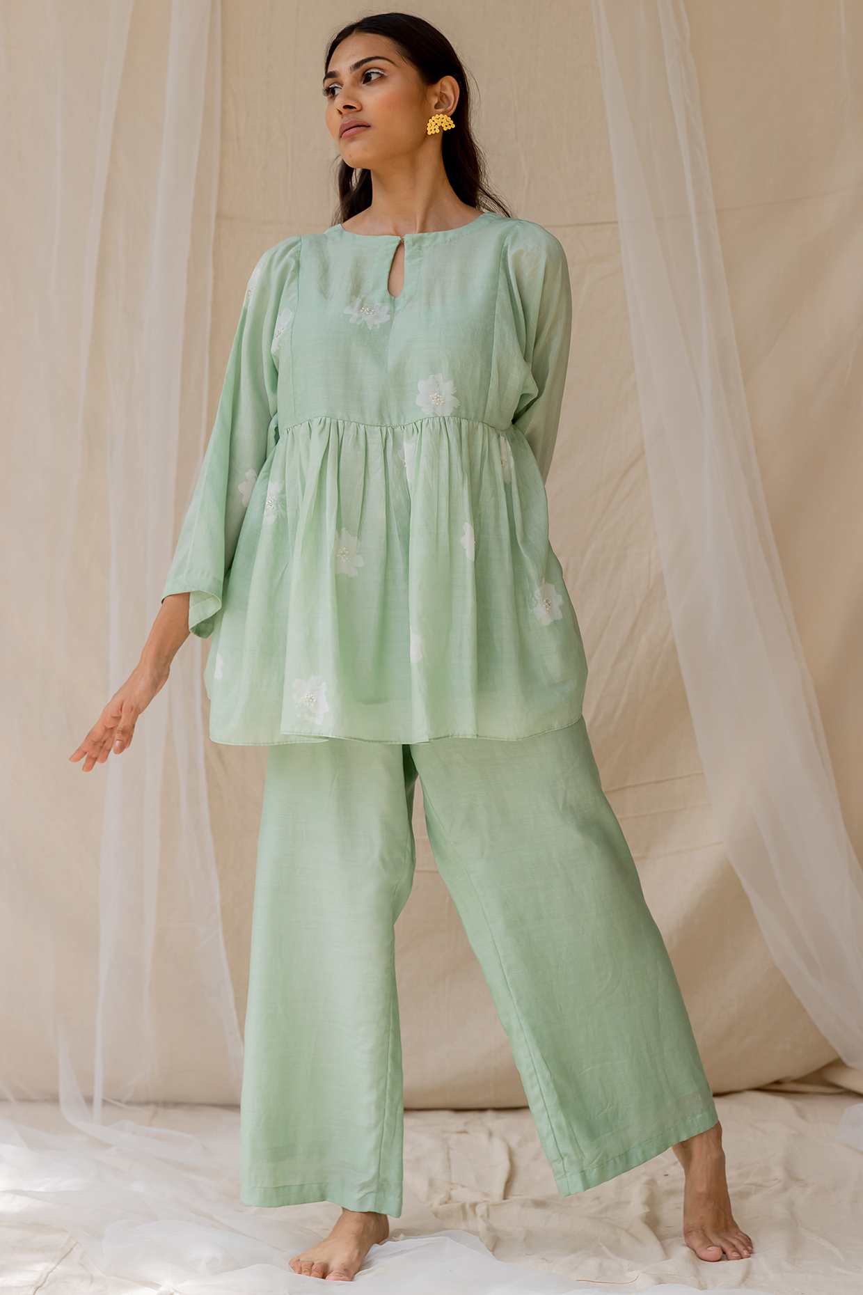 Mint Cotton Silk Pant Set by Nirjara