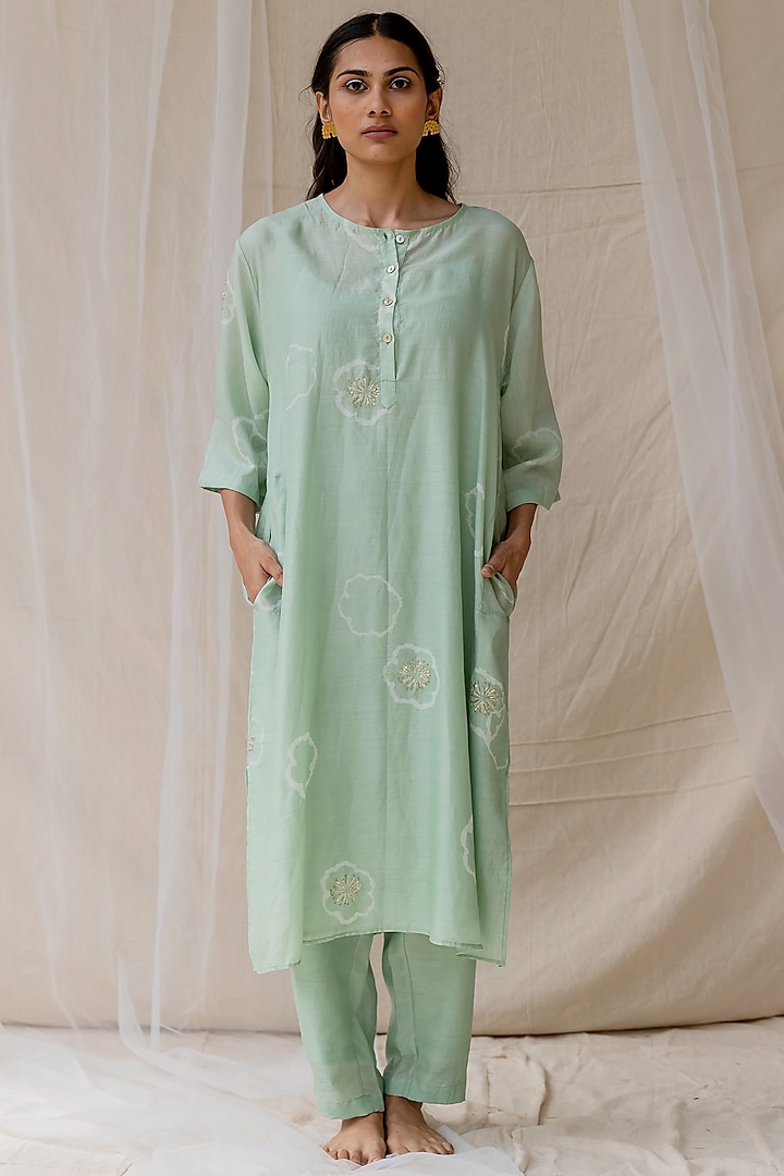 Mint Hand Painted Kimono Kurta Set by Nirjara