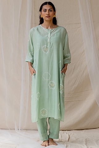 Mint Hand Painted Kimono Kurta Set by Nirjara
