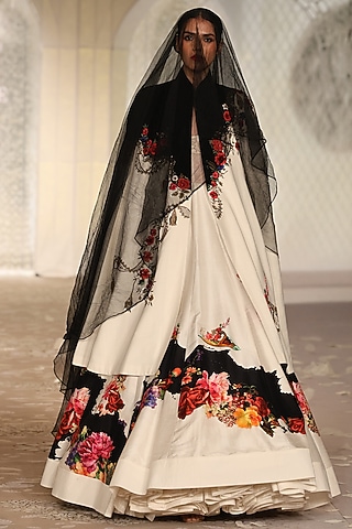 Ivory & Black Matka Silk Floral Embroidered Cape by Rohit Bal
