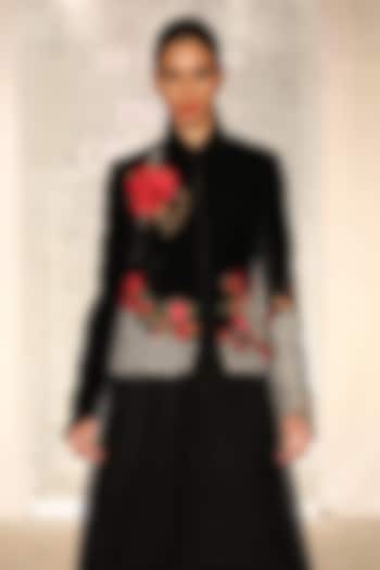 Black & Ivory Matka Silk Floral Embroidered Jacket by Rohit Bal at Pernia's Pop Up Shop