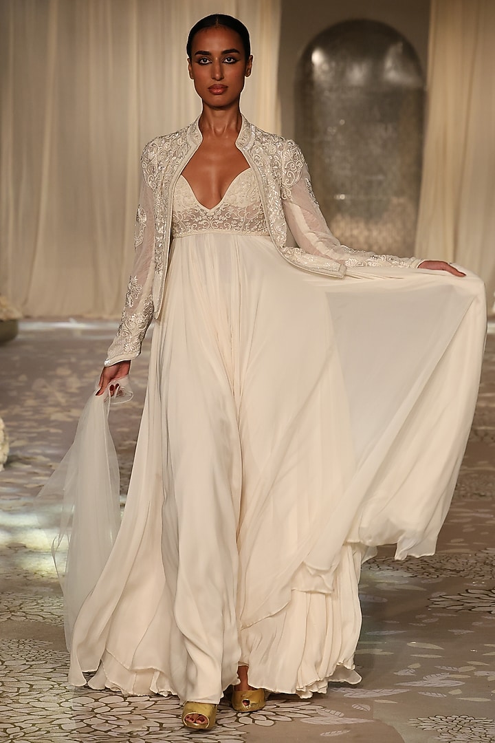 Ivory Net Embroidered Short Jacket by Rohit Bal at Pernia's Pop Up Shop