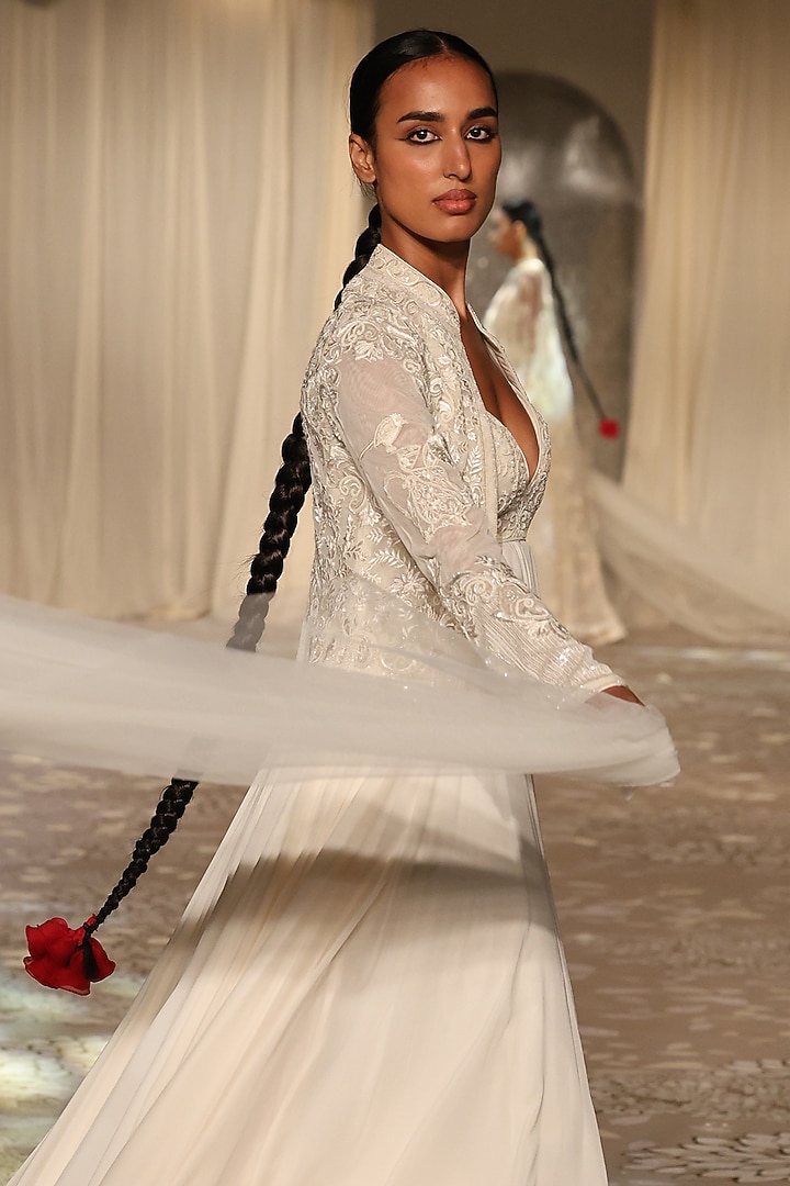Ivory Net Embroidered Short Jacket by Rohit Bal at Pernia's Pop Up Shop