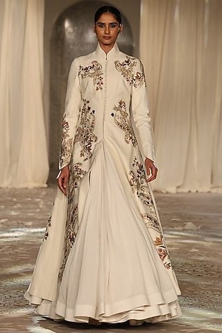 Ivory Matka Silk Embroidered Long Jacket by Rohit Bal