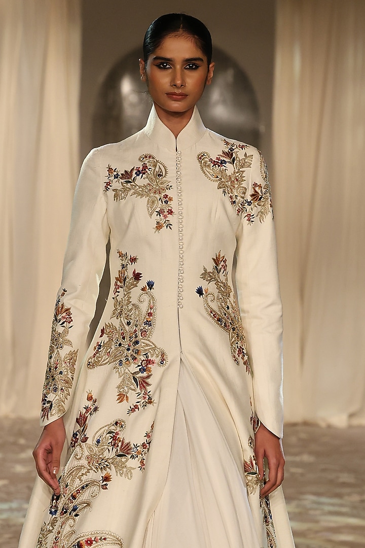 Ivory Matka Silk Embroidered Long Jacket by Rohit Bal at Pernia's Pop Up Shop