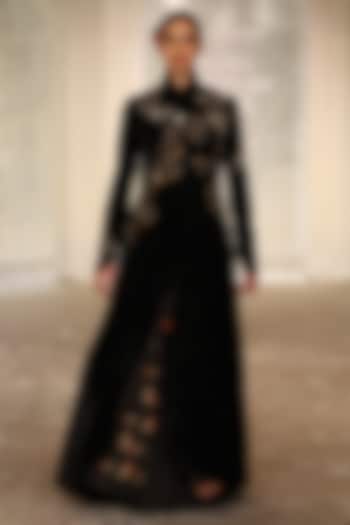 Black Velvet Embroidered Long Jacket by Rohit Bal at Pernia's Pop Up Shop