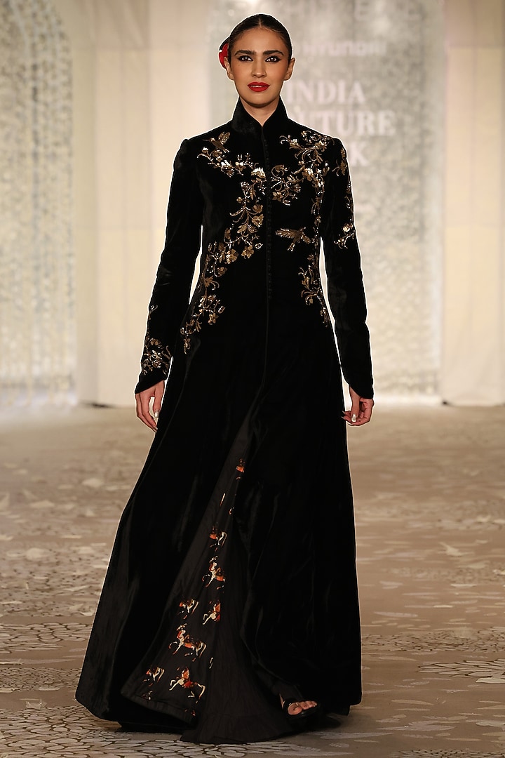Black Velvet Embroidered Long Jacket by Rohit Bal at Pernia's Pop Up Shop