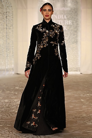 Black Velvet Embroidered Long Jacket by Rohit Bal