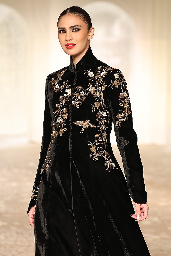 Black Velvet Embroidered Long Jacket by Rohit Bal at Pernia's Pop Up Shop