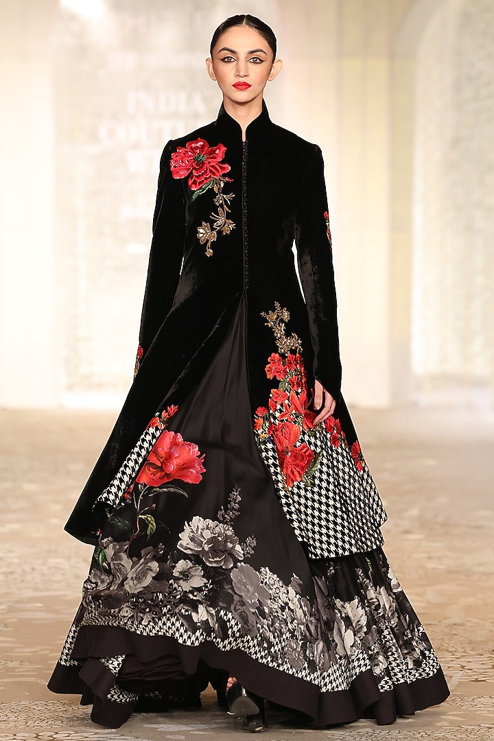 Black & Ivory Velvet Floral Embroidered Jacket by Rohit Bal at Pernia's Pop Up Shop
