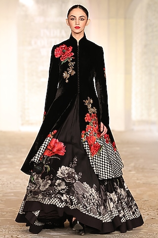 Black & Ivory Velvet Floral Embroidered Jacket by Rohit Bal