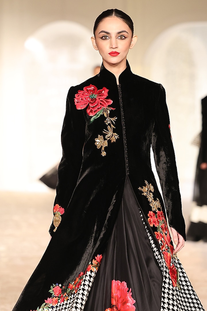 Black & Ivory Velvet Floral Embroidered Jacket by Rohit Bal at Pernia's Pop Up Shop